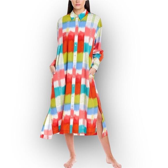 Natori Boro Kaftan Button Down Dress Colorful Turquiose Geometric Women’s Medium - Picture 1 of 16